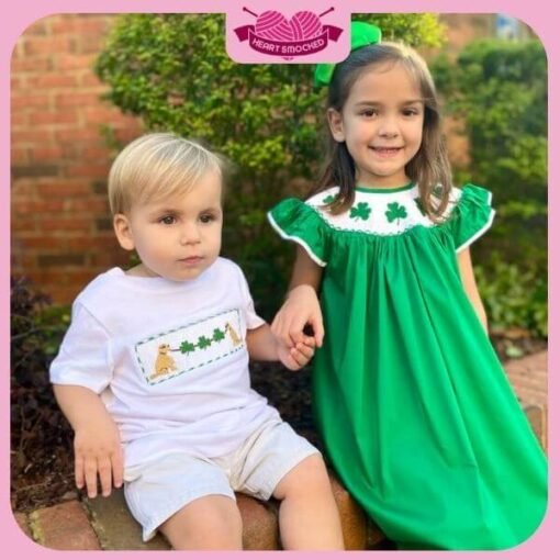 St Patrick Dress 2025 Green Clover Dress Wholesale Smocked Clothing - Image 2